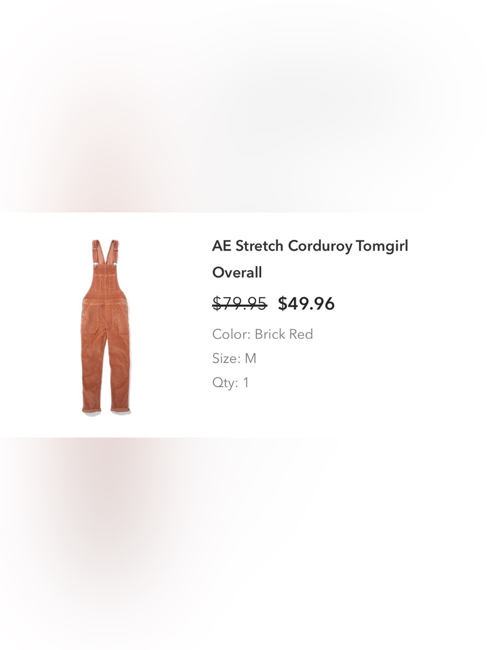 AE Stretch Corduroy Tomgirl Overall - Brick Red Size Medium